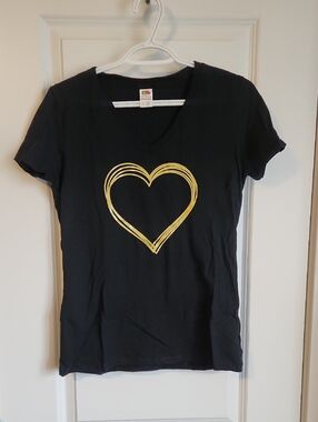 Black V-Neck Tee with Gold Heart